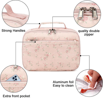 Bluboon Insulated Lunch Bag for Girls & Boys, Corduroy School Lunch Box with Cooler & Organizer Compartments, Leak-Proof Lunch Tote for School, Travel (Corduroy Strawberries Beige)