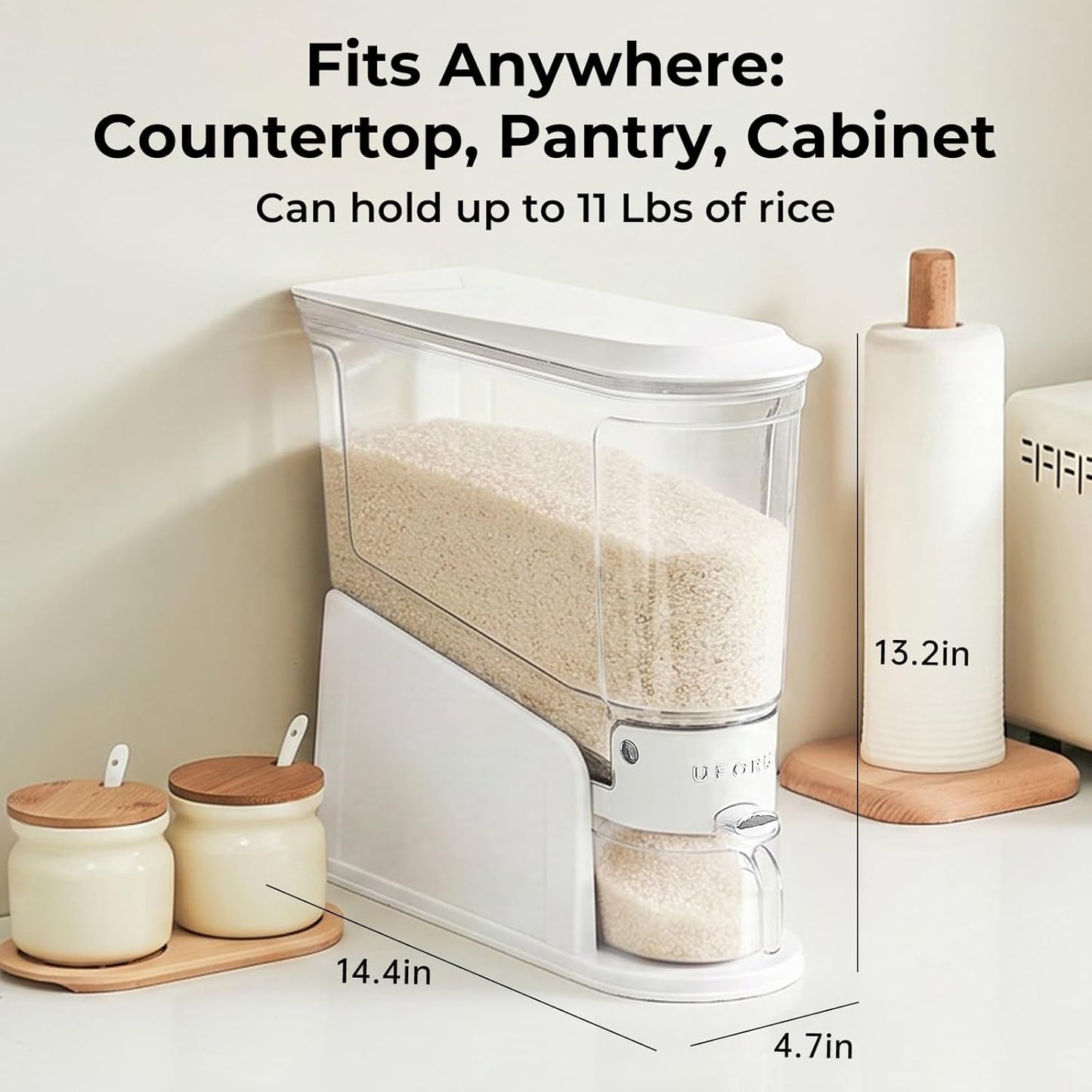 UFORU Rice Dispenser 22Lbs, Slim Rice Storage Container for Small Space, BPA-Free Clear Dry Food Dispenser Sealed Moisture Proof, Grain&Cereal Storage Bucket for Kitchen Pantry Household, Cream White