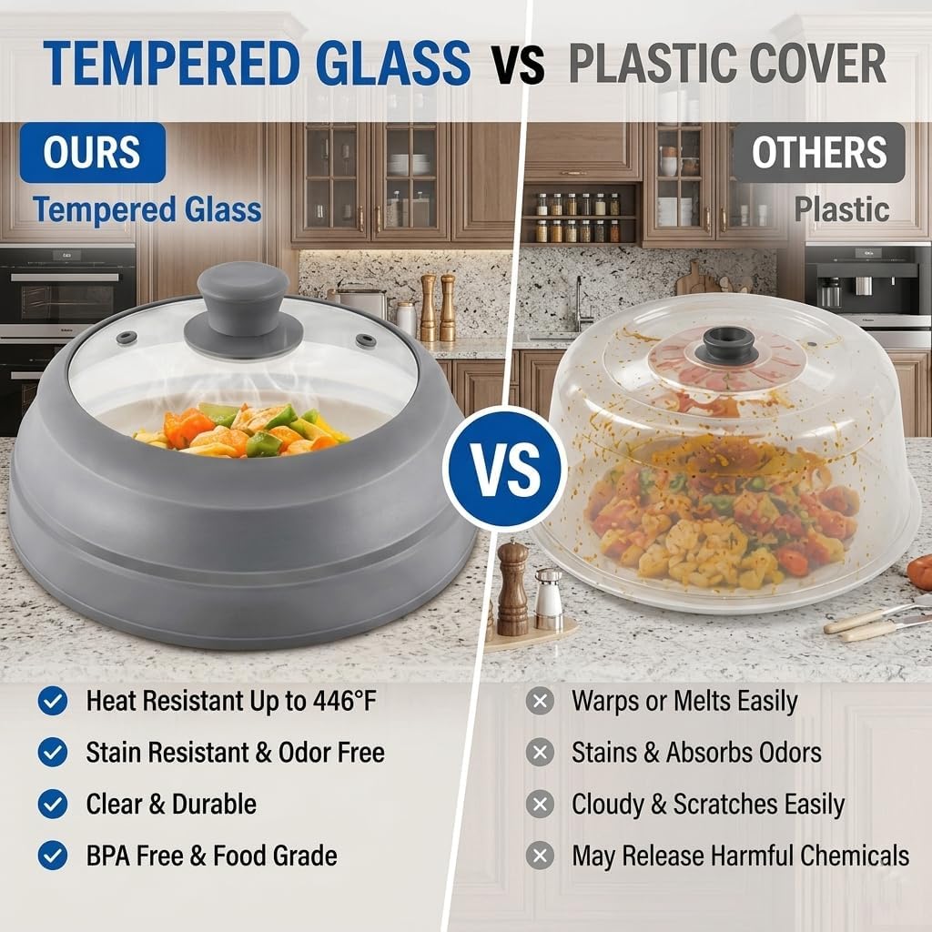 Microwave Splatter Cover for Food, 10.5" Glass Microwave Cover with Collapsible Silicone Rim, Food Grade Microwave Plate Cover, Splash Guard with Cool-Touch Handle, Dishwasher Safe