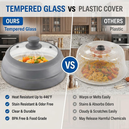 Microwave Splatter Cover for Food, 10.5" Glass Microwave Cover with Collapsible Silicone Rim, Food Grade Microwave Plate Cover, Splash Guard with Cool-Touch Handle, Dishwasher Safe