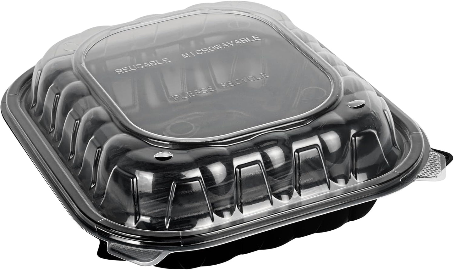 Thermo Tek 40 Ounce Clamshell Containers, 50 Disposable Take Out Boxes - 3 Compartments, Ventilated Lids, Black Plastic Meal Prep Containers, Microwavable, For Pasta Or Salads - Restaurantware