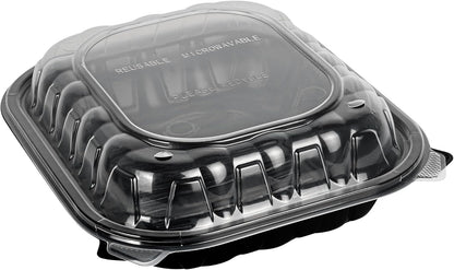 Thermo Tek 40 Ounce Clamshell Containers, 50 Disposable Take Out Boxes - 3 Compartments, Ventilated Lids, Black Plastic Meal Prep Containers, Microwavable, For Pasta Or Salads - Restaurantware