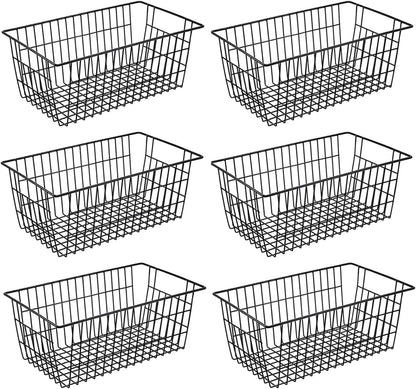 Redrubbit Wire Storage Baskets, Large Farmhouse Metal Freezer Basket Storage Organizer Bins with Handles for Kitchen Cabinets, Pantry, Closets, Bedrooms, Bathrooms, Set of 6, White