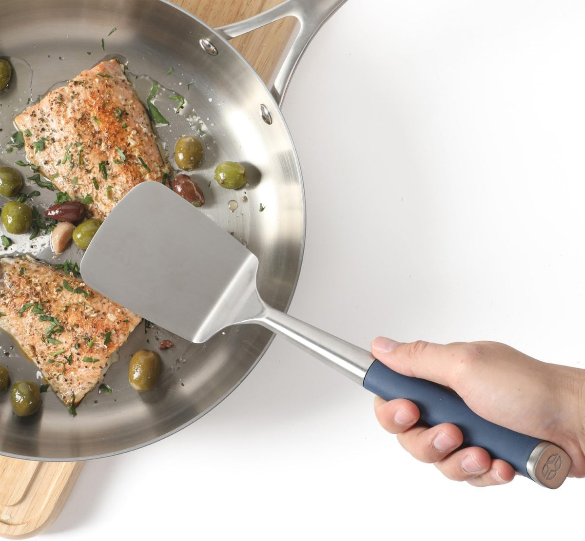 Calphalon Slotted Turner, Kitchen Flipping Spatula, Slotted Spatula, Stainless Steel Turner with Silicone Heat Resistance Handle, Nonstick-Safe Spatula for Draining and Flipping (Navy)