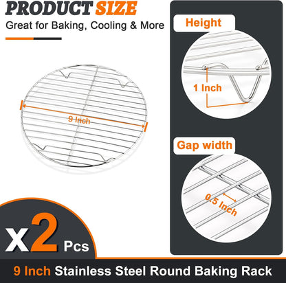 P&P CHEF 9 Inch Cooking Rack Round for Steaming Cooling, Silver, 2 Pack