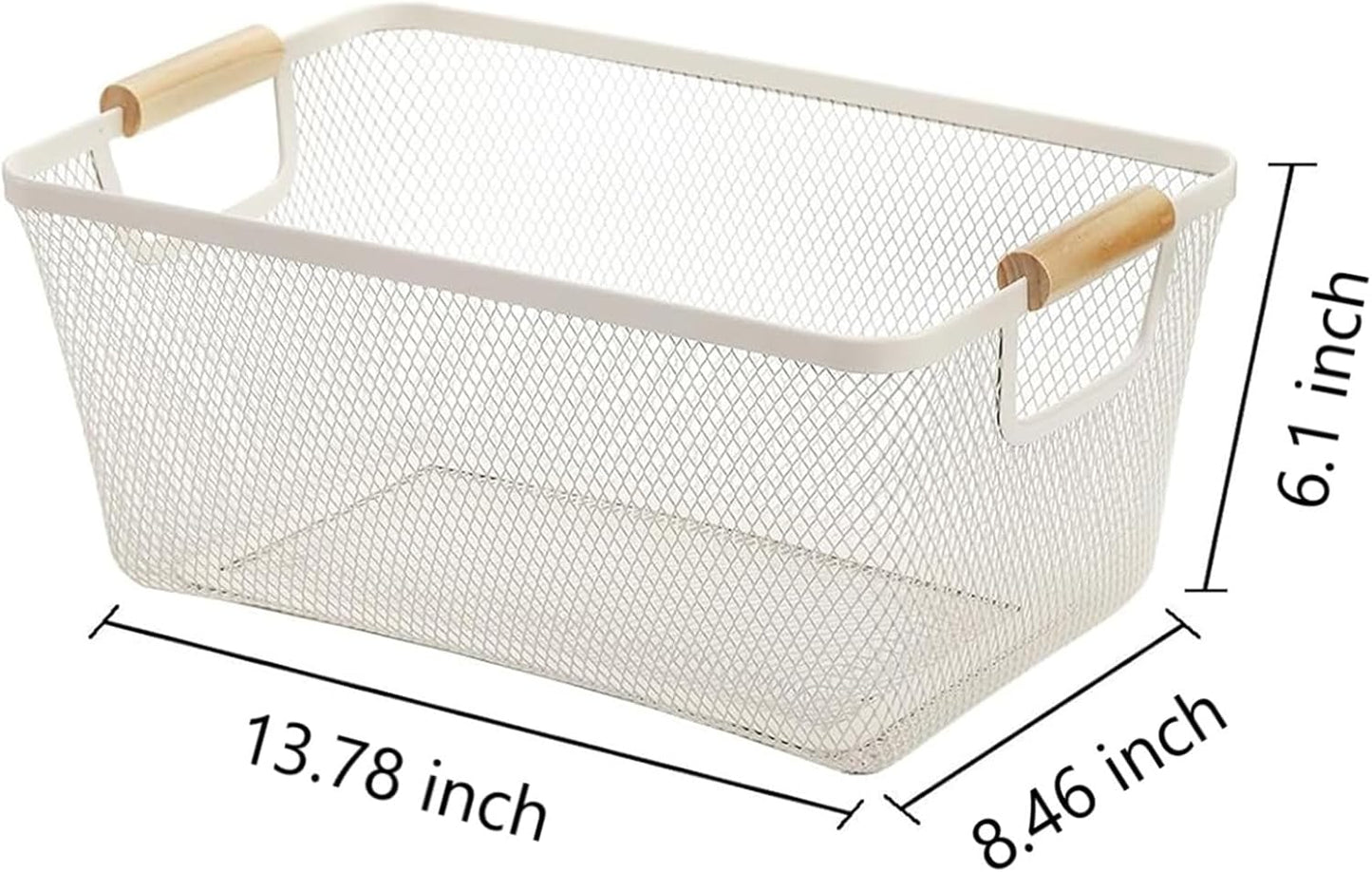 AJIODA Metal Mesh Steel Basket, Large Wire Storage Organizer Basket Multi-function Hanging Kitchen Baskets with Wood Handle for Kitchen Bathroom Picnic Home, Rectangle-Black