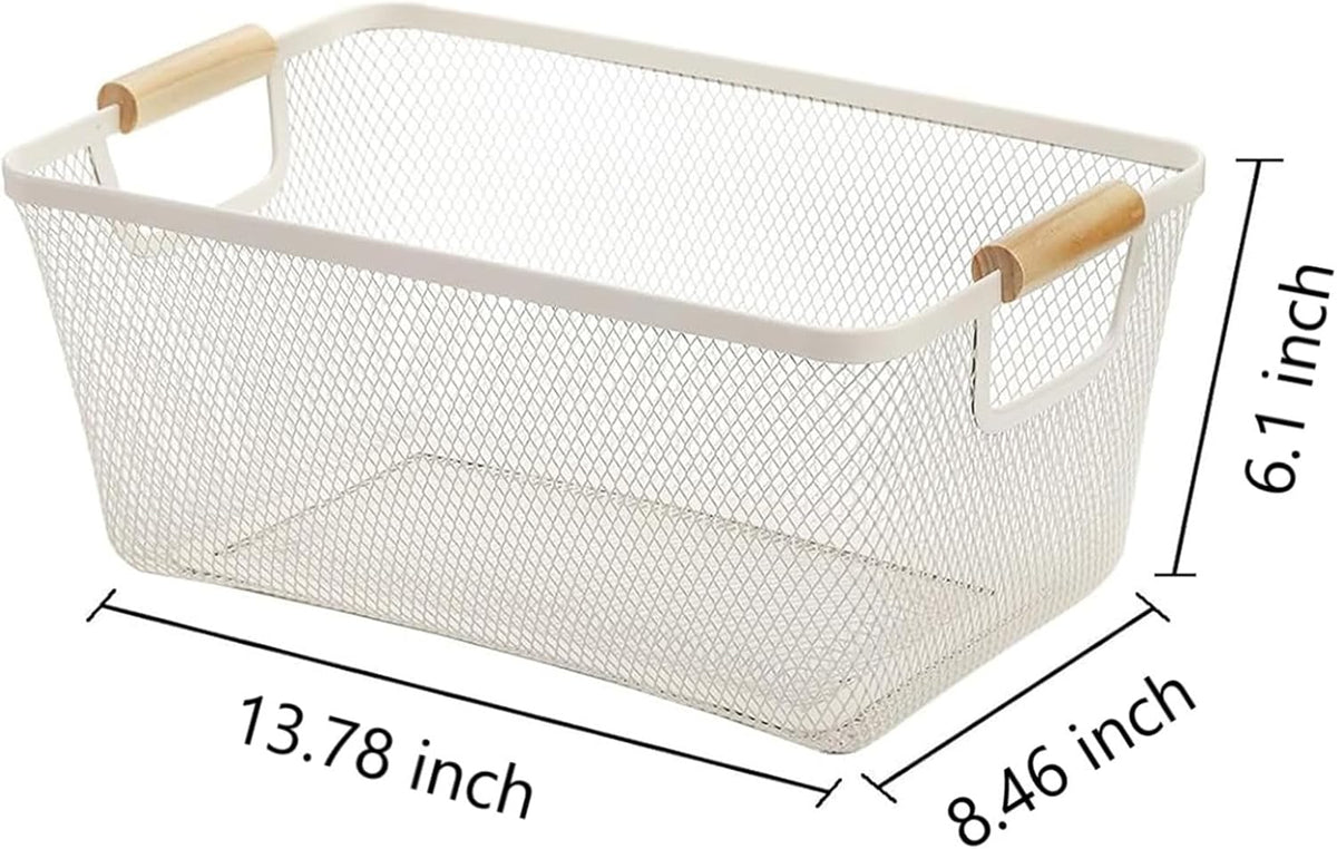 AJIODA Metal Mesh Steel Basket, Large Wire Storage Organizer Basket Multi-function Hanging Kitchen Baskets with Wood Handle for Kitchen Bathroom Picnic Home, Rectangle-Off White