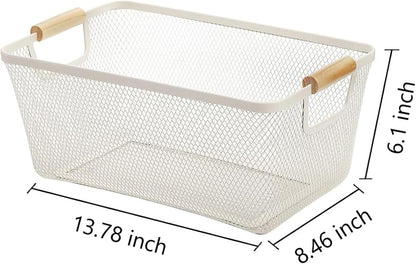 AJIODA Metal Mesh Steel Basket, Large Wire Storage Organizer Basket Multi-function Hanging Kitchen Baskets with Wood Handle for Kitchen Bathroom Picnic Home, Rectangle-Off White