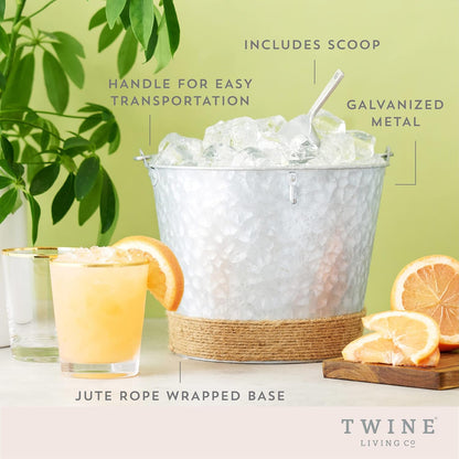 Twine Insulated Ice Bucket with Lid, Scoop & Handles for Beer, Wine, Champagne, Beverages, 1 Gal Galvanized Metal Bucket, Steel Ice Container for BBQs, Indoor & Outdoor Party Supplies, Bar Accessories