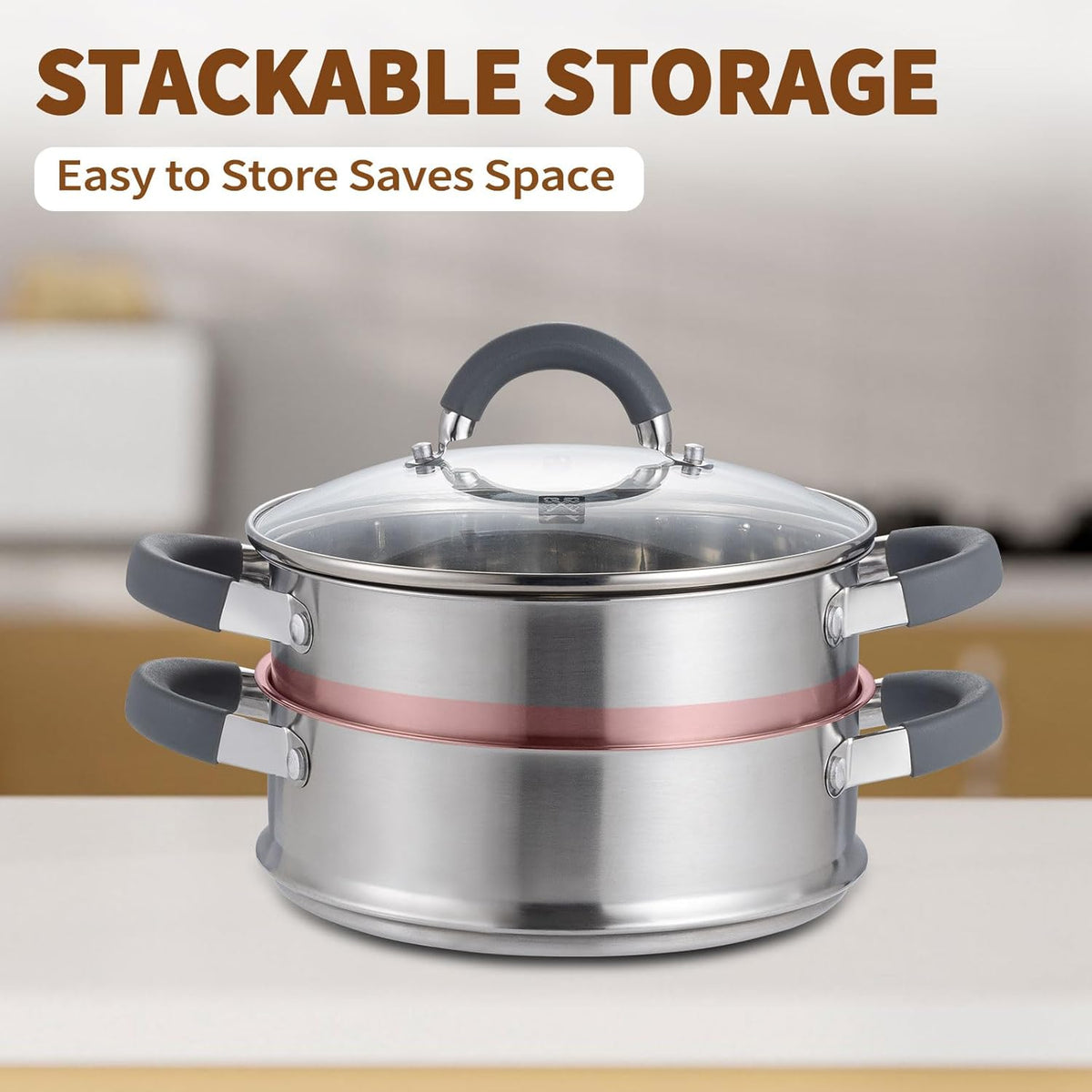 GOLDEN KEY 3.2 QT Steamer Pot With Lid - 2-Tier 18/8 Stainless Steel，Multipurpose Steaming Cookware with Vegetable Steam Basket, Oven & Dishwasher Safe, Triple Bottom for Even Heating, Perfect for Dumplings, Seafood and Vegetables