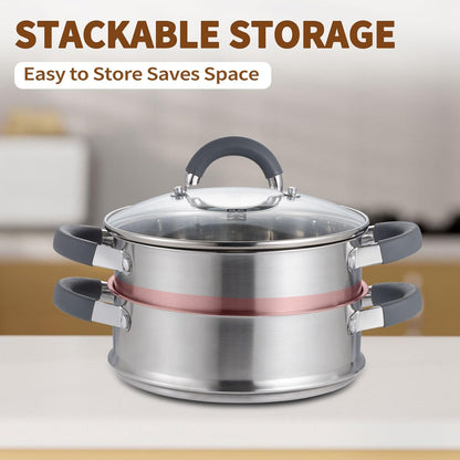 GOLDEN KEY 3.2 QT Steamer Pot With Lid - 2-Tier 18/8 Stainless Steel，Multipurpose Steaming Cookware with Vegetable Steam Basket, Oven & Dishwasher Safe, Triple Bottom for Even Heating, Perfect for Dumplings, Seafood and Vegetables
