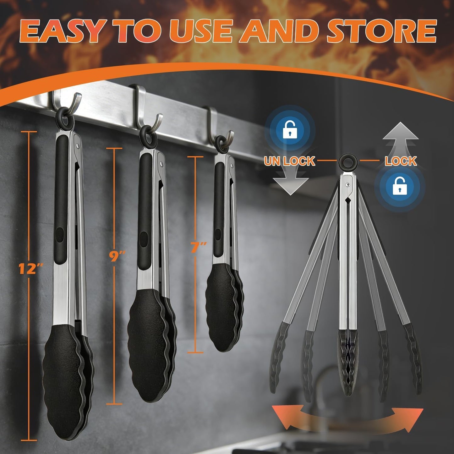 TACGEA Stainless Steel Kitchen Tongs with Silicone Tips, Locking Grilling Food Tongs, 7" 9" and 12", Set of 3 Black