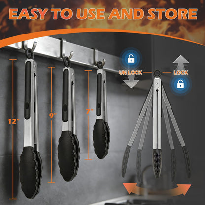 TACGEA Stainless Steel Kitchen Tongs with Silicone Tips, Locking Grilling Food Tongs, 7" 9" and 12", Set of 3 Black