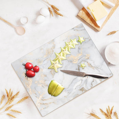 JAMBALAY Tempered Glass Cutting Boards for Kitchen, Gold 12"x8" & 16"x12" Glass Cutting Board Set with Marble Design, With Non Slip Foot, Shatter and Heat Resistant, Dishwasher Safe