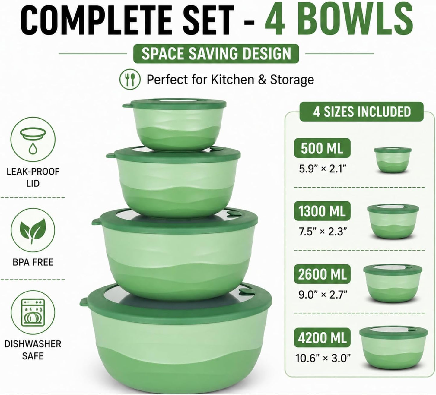 Pera Mixing Bowls with Lids, 8-Piece Airtight Leak-Proof Nesting BPA-Free Bowl Set for Kitchen & Food Storage, Large 4200ml Capacity, Microwave & Dishwasher Safe