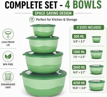 Pera Mixing Bowls with Lids, 8-Piece Airtight Leak-Proof Nesting BPA-Free Bowl Set for Kitchen & Food Storage, Large 4200ml Capacity, Microwave & Dishwasher Safe