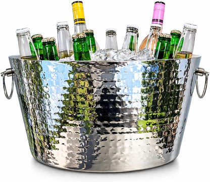 BREKX 6.25 Gallon Large Stainless Steel Bucket for Parties, Double-Walled Insulated Anchored Drink Tub & Ice Bucket with Double Hinged Handles, Silver, Extra Large