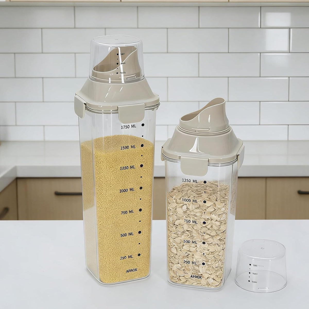 2 Pack Cereal Containers Storage Set, Clear Plastic Airtight Food Storage Containers, Measuring Cup Lids, Ideal for Rice Sugar Pet Food Dispenser, Kitchen Pantry Organizers, BPA Free, 51 oz & 68 oz