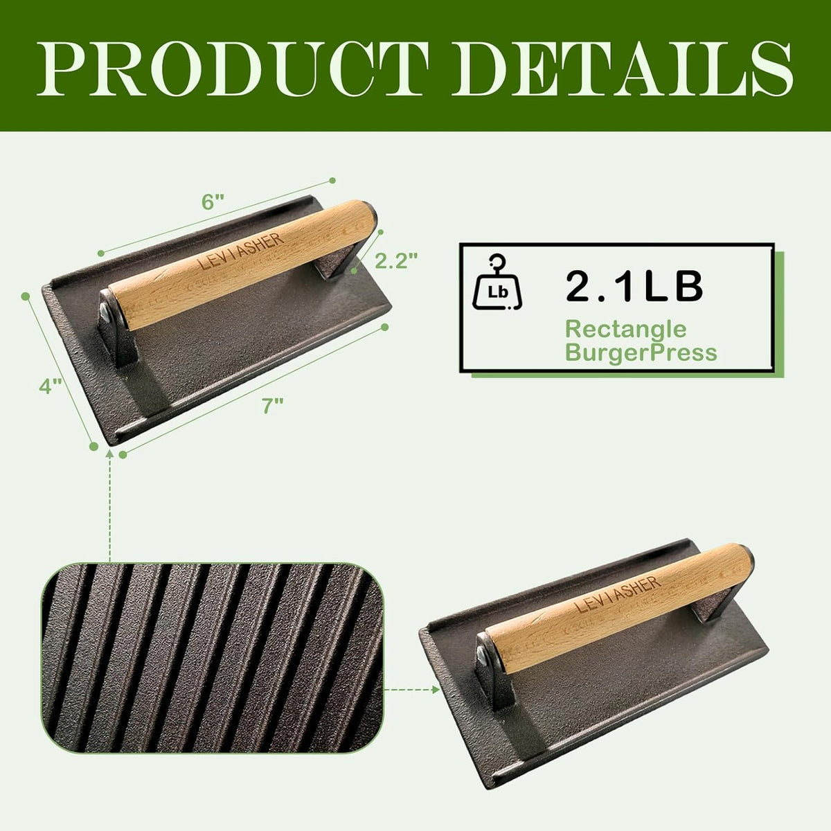 2.1lb Steak Weight & Burger Press, Grid Base, 7"X4" Rectangle Heavy Duty Cast Iron Grill Press with Wood Handle for Blackstone, Chef, Camp, Panini, Vegetable, Bacon, Sandwich, BBQ
