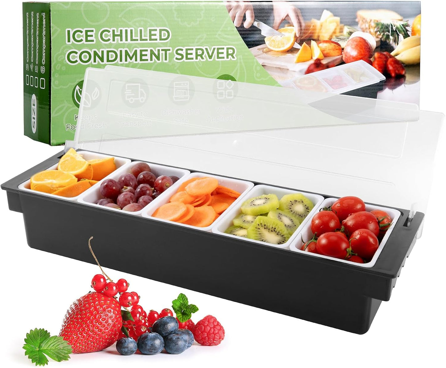 WICHEMI Fruit, Veggie & Condiment Caddy with Lid Dispenser Tray Plastic Garnish Station for Bartending & Serving Taco, Ice Cream, Salad Bar - Topping Organizer for Restaurant Supplies (3 Compartment)