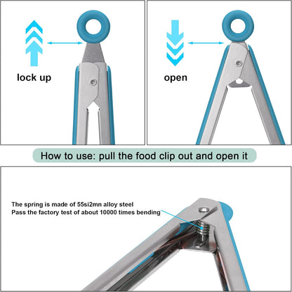 4in1 Stainless Steel Kitchen Food Tongs Set for Cooking with Silicone Tips, Toaster Steak Pie Pizza Pasta Spaghetti Noodles Salad Fruit Vegetable Grill BBQ Buffet Clamp Serving Tools Gadgets