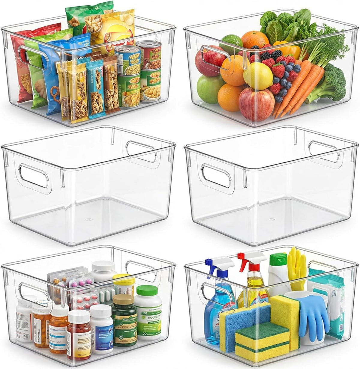 MOONEDGE 4 Pack Clear Plastic Organizer Bins, 2 Large & 2 Small Storage Set | Storage Bins for Pantry, Space-Saving Organizer Containers for Cabinets, Under-Sink, Bathroom, Kitchen, Freezer, Home Storage