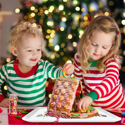 4-Piece 15 x 11 Inch Christmas Serving Tray Set, Reusable Melamine Platters with Cute Elf Cartoons, Holiday Party Trays for Snacks, Fruit, Desserts, and Candy, Rectangular Design