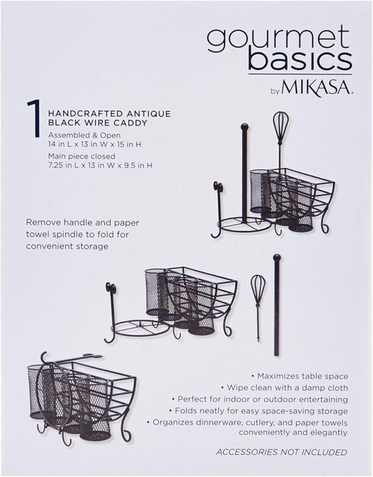 Mikasa Gourmet Basics Avilla Picnic Caddy, Antique Black Finish, Paper Plate Organizer with Flatware Canisters and Paper Towel Spindle, 15 x 14 x 13 in