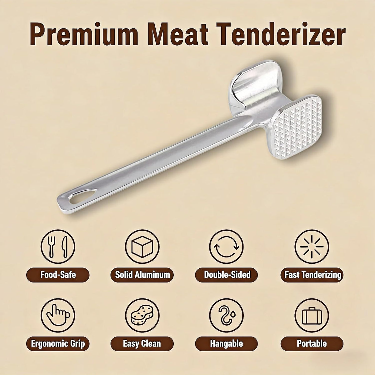 Meat Tenderizer Tool – Double-Sided Heavy Duty Mallet for Steak, Beef, Fish – Ergonomic Non-Slip Handle, Rustproof Aluminum, Easy Hang Storage