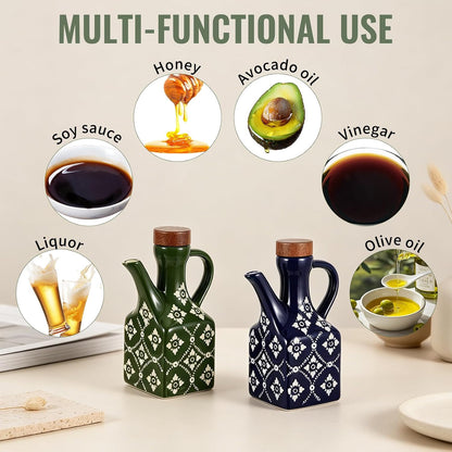 8.5 oz Ceramic Olive Oil Dispenser Bottle Decorative Olive Oil Dispenser Bottle with Handle & Wooden Stopper Relief Opaque Ceramic Oil Cruet for Kitchen Cooking Oil Vinegar (Blue)