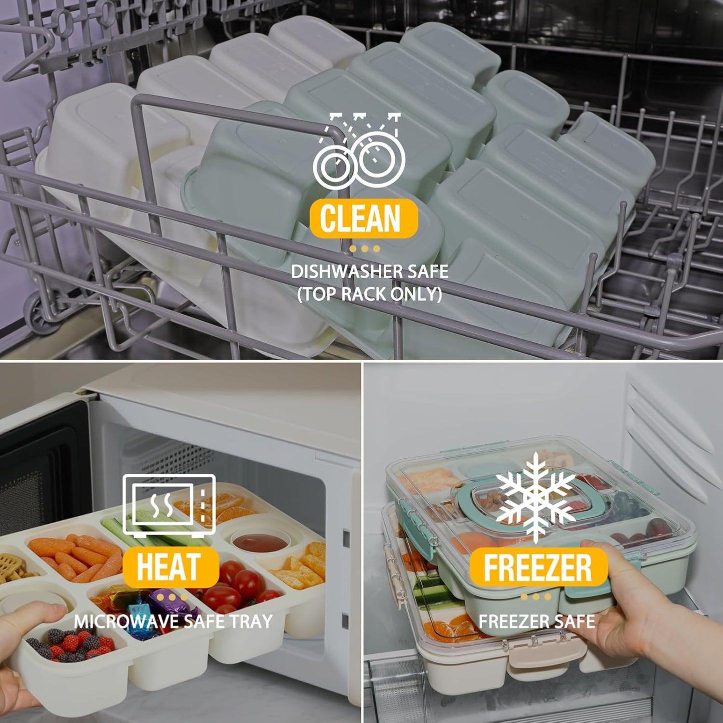 Caperci 2 Pack Snackle Box Container - Portable 10 Compartment Divided Snack Serving Tray with Lid & Handle, Built-in 4 Leak-Proof Sauce Containers, Dishwasher Safe, BPA-Free(Milky White)