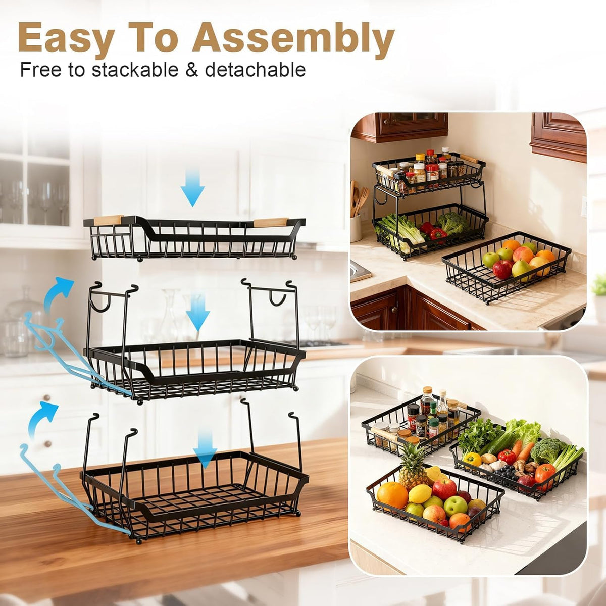 3 Tier Fruit Basket with 2 Banana Hangers for Kitchen Counter | 3-Tier Detachable Design,Metal Wire Construction, Wooden Handle, Large Capacity, Multi-Purpose Organizer,Mesh Basket