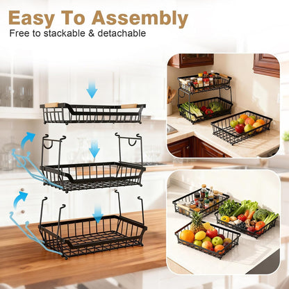 3 Tier Fruit Basket with 2 Banana Hangers for Kitchen Counter | 3-Tier Detachable Design,Metal Wire Construction, Wooden Handle, Large Capacity, Multi-Purpose Organizer,Mesh Basket
