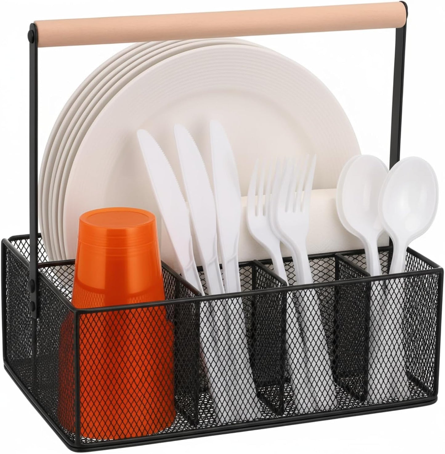 FoldTier Paper Plate Organizer with Handle for Countertop, Metal Utensil Silverware Caddy Cutlery Holder for Paper Plate Fork Spoon Cup Napkin Party Supplies Camping Picnic Accessories(White)