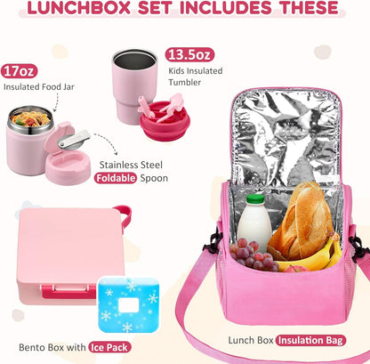 Pawtong Lunch Box Set with Bento Box Container, 17OZ Stainless Steel Food Soup Thermo, Kids Water Bottle & Portable Insulated Lunch Bag, Leakproof, Hot/Cold Retention for School, Travel (Purple-Horse)
