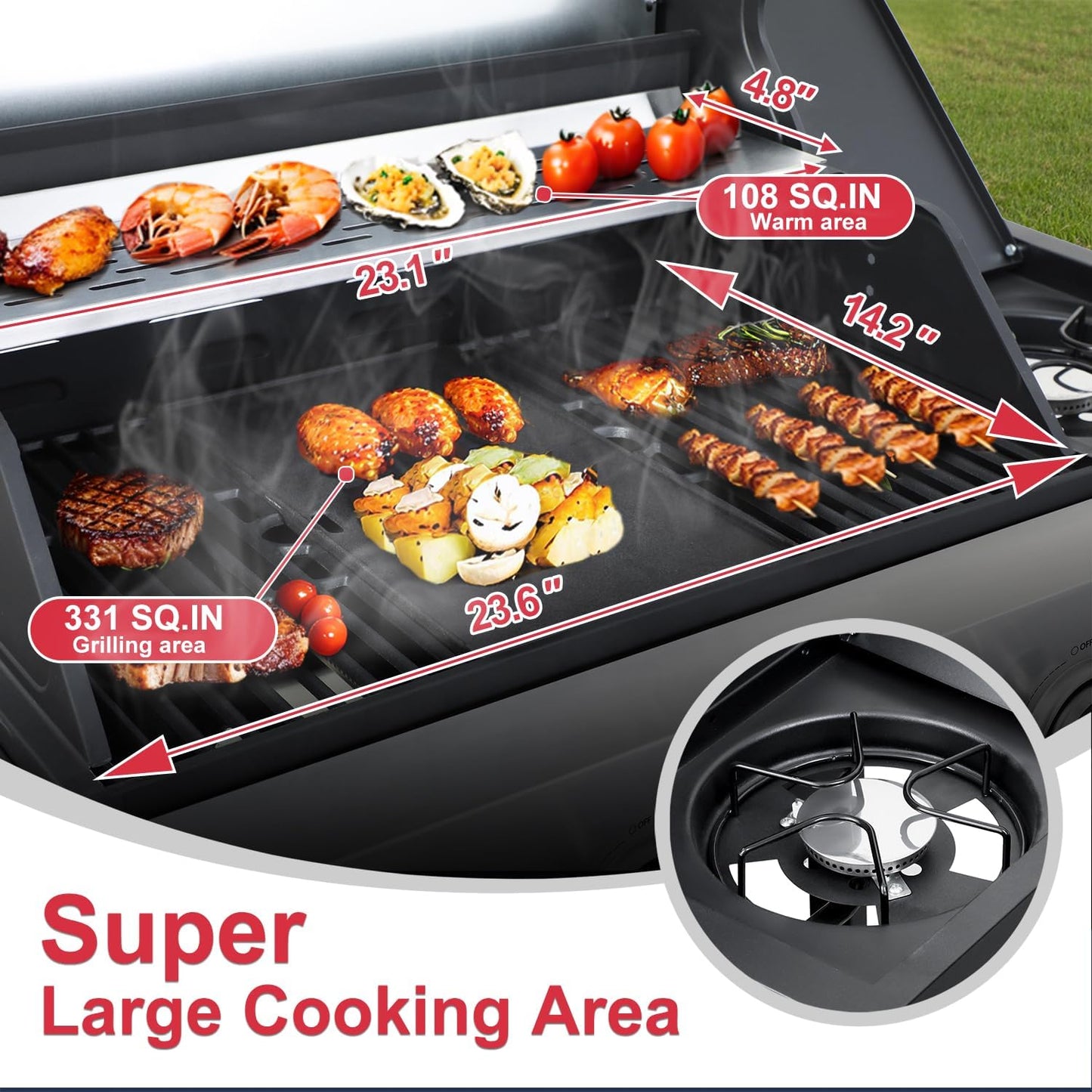 69,000 BTU 6+1 Burner Propane Gas Grill with Cast Iron Grids & Griddle Plate, Double-Wall Stainless Steel Lid – Even Heat, Easy Clean, Perfect for Backyard BBQ