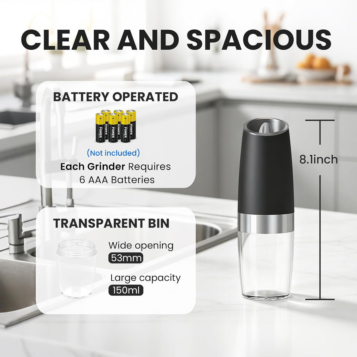 UNNEES Battery Operated Gravity Salt And Pepper Grinder Set, 2 Pcs (Black)