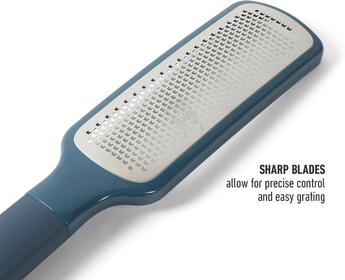 Calphalon Edge Lemon Zester, Stainless Steel Fine Citrus Grater for Lemon, Garlic & Ginger, Handheld Kitchen Zester with Protective Cover & Ergonomic Handle, Taupe