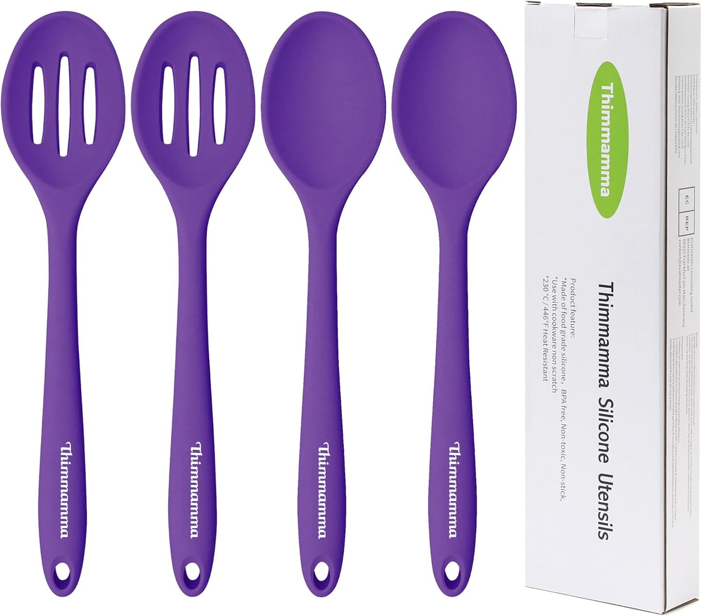 Silicone Cooking Spoon, Nonstick Kitchen Spoons for Cooking, Slotted and Solid Serving Spoon Heat Resistant, Silicone Mixing Spoons Basting for Nonstick Cookware 4 Pack