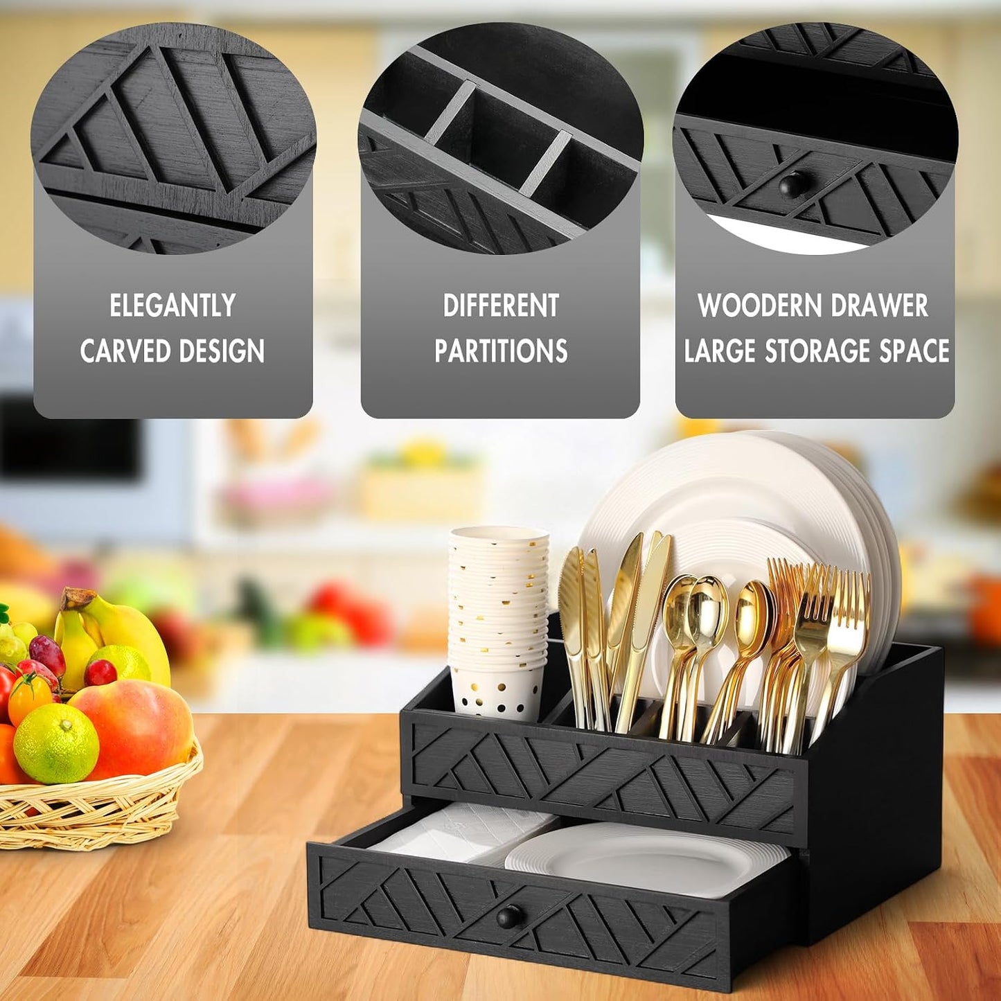 Marsui Paper Plate Dispenser, Wood Rustic Paper Plate Holder for Countertop with Drawer Silverware Utensil Caddy, Cutlery Flatware Organizer for Spoon Fork Napkins Kitchen Parties(Black)