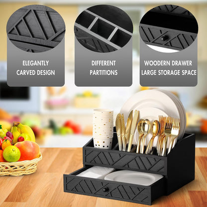 Marsui Paper Plate Dispenser, Wood Rustic Paper Plate Holder for Countertop with Drawer Silverware Utensil Caddy, Cutlery Flatware Organizer for Spoon Fork Napkins Kitchen Parties(Black)