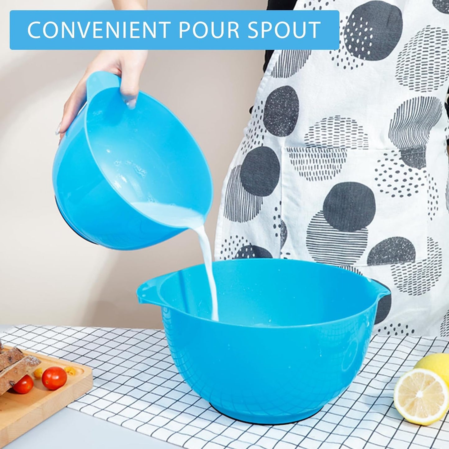 BoxedHome Nesting Plastic Mixing Bowl Set With Pour Spout, Microwave and Dishwasher Safe, BPA free Non-Slip Base, Set of 4 Size 1.7, 2.5, 3.5 and 4.5qt, Great for Prepping, Baking, Cooking (Dark Blue)