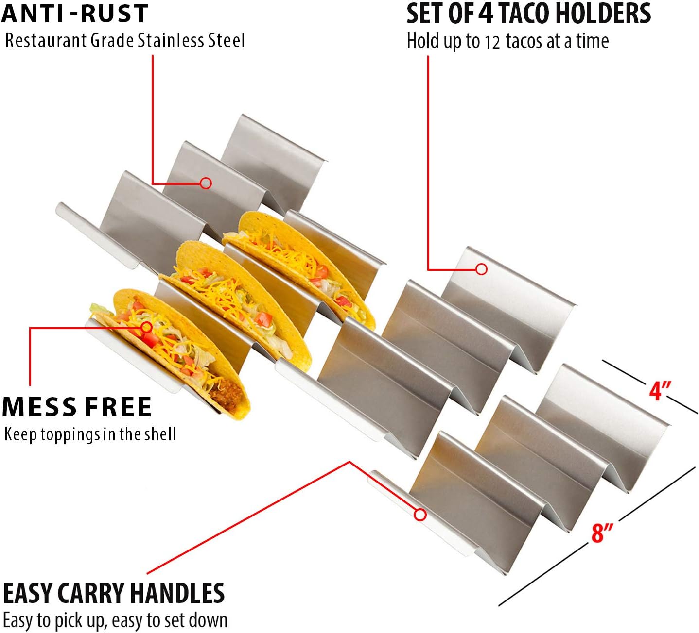 Taco Holder Stand - Set of 4 - Oven & Grill Safe Stainless Steel Taco Racks With Handles - Fill & Serve Tacos With Ease - Taco Trays by Fiesta Kitchen