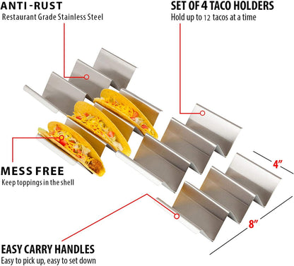 Taco Holder Stand - Set of 4 - Oven & Grill Safe Stainless Steel Taco Racks With Handles - Fill & Serve Tacos With Ease - Taco Trays by Fiesta Kitchen