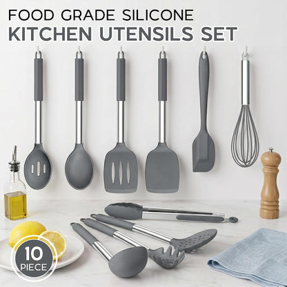 Onader Kitchen Utensils Set, 15 Pcs Silicone Cooking Utensils Set with Holder and Heat Resistant Stainless Steel Handle for Nonstick Cookware - Black