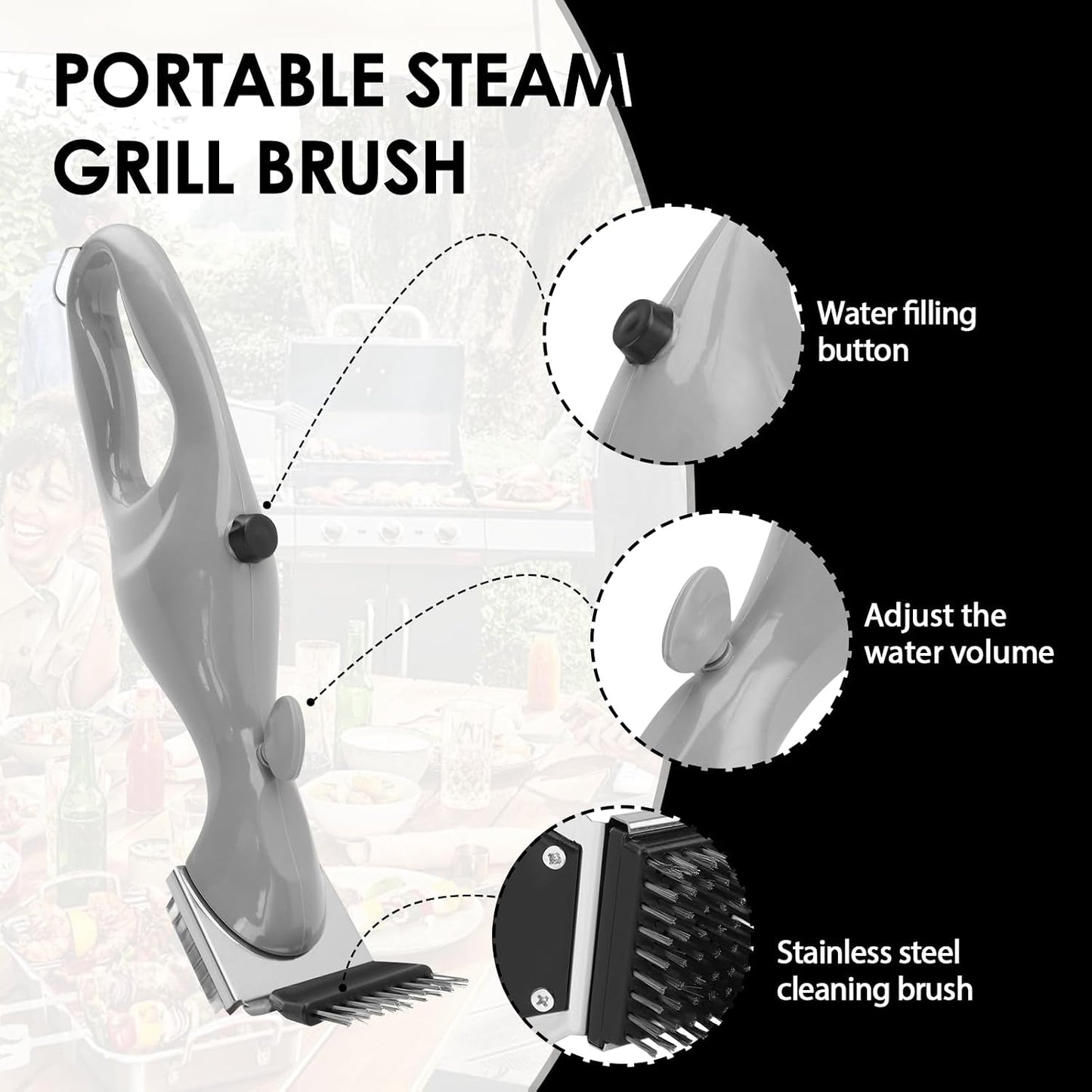Portable Steam Grill Brush, Portable Stainless Steel BBQ Cleaner for Cast Iron, Ceramic Grills for Outdoor