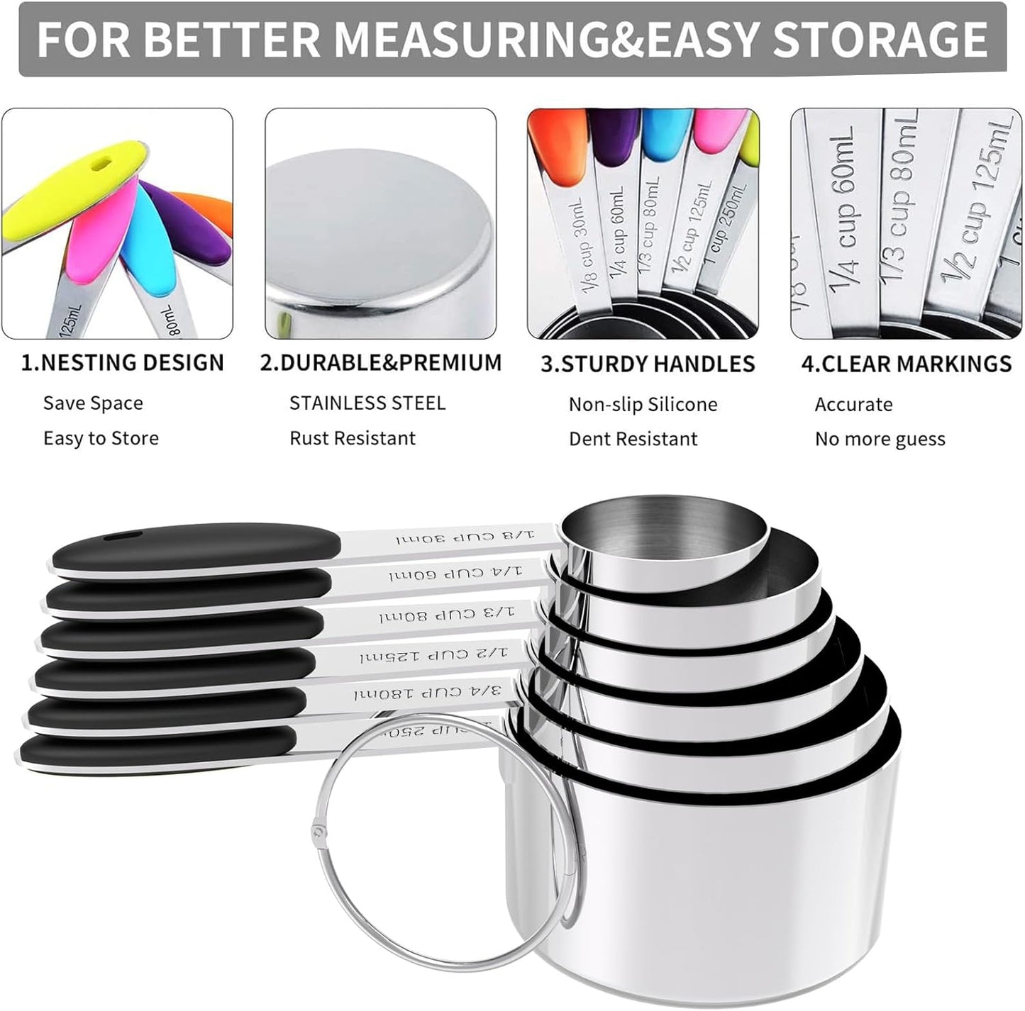 TILUCK Stainless Steel Measuring Cups and Spoons Set with Silicone Handle – Nesting Design for Space-Saving, Heavy Duty & Dishwasher Safe for Dry/Liquid Ingredients, Cooking & Baking (10)
