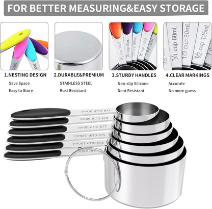 TILUCK Stainless Steel Measuring Cups and Spoons Set with Silicone Handle – Nesting Design for Space-Saving, Heavy Duty & Dishwasher Safe for Dry/Liquid Ingredients, Cooking & Baking (10)