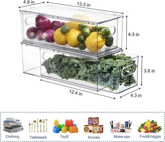 Fridge Organizers and Storage Pull Out Drawer, 2 Small | Stackable, Clear, Fruit and Veggies Containers, for Kitchen, Cabinet