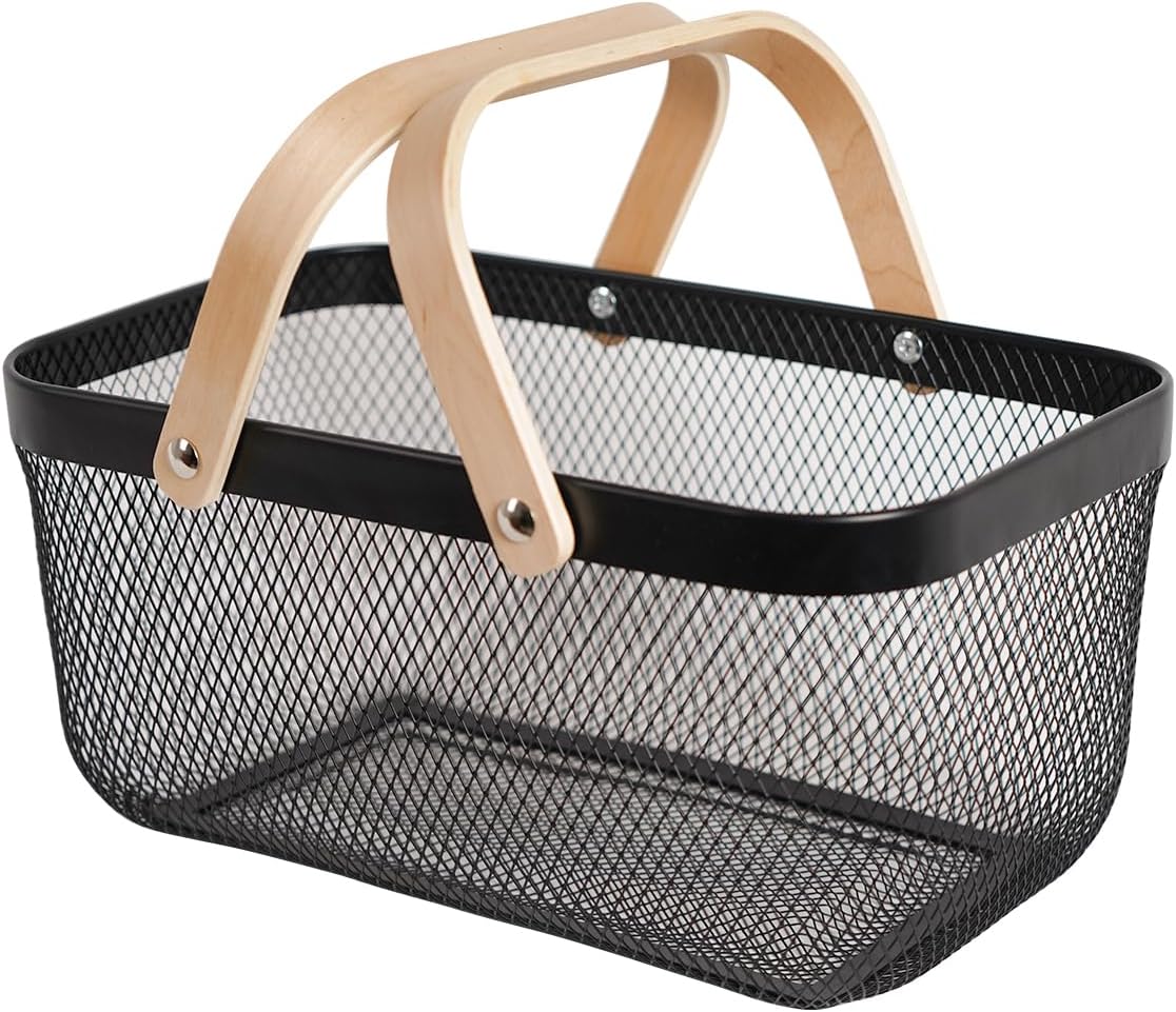 Metal Mesh Steel Harvest Basket, Rectangle Wire Garden Basket with Handle – Multi-functional Storage Organizer for Gathering Vegetables, Fruits, Kitchen, Garden, Picnic & Cabinet (Ivory)